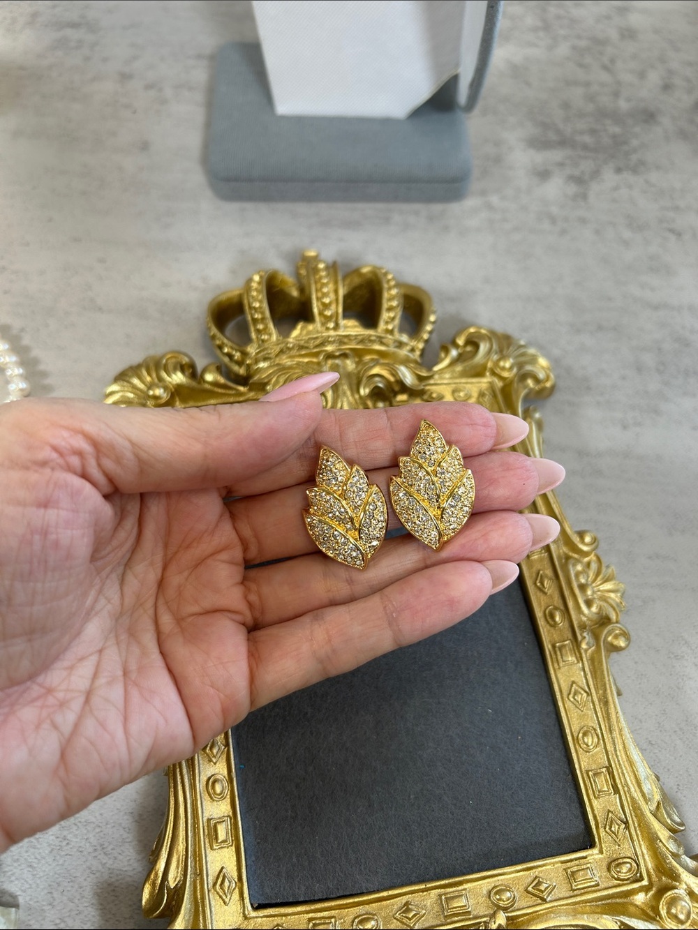 Vintage SAL Swarovski Gold Leaf Pave Crystal Clip On Earrings